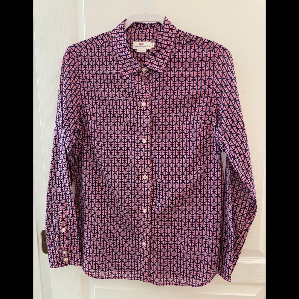 Vineyard Vines Nautical navy and pink, long sleeve blouse, size 10